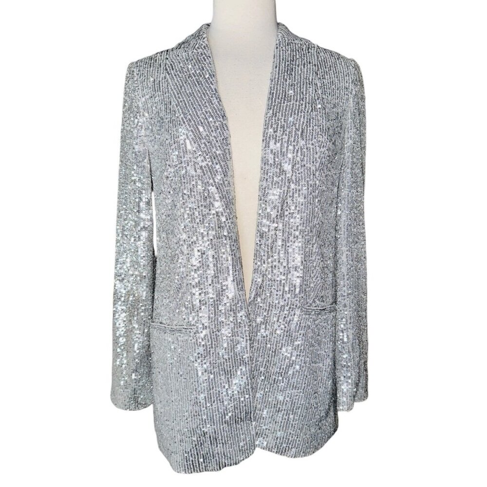 FB9 Express Silver Sequin Blazer Jacket Open Front Small Women's Suit